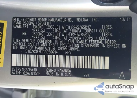 2012 Toyota Highlander Base V6 from USA, damaged, VIN 5TDZK3EH1CS056614